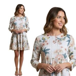 ZARA Sharon Dress‎ Women's S Floral Waffle Crepe Baby Doll Mini Dress Cream